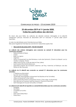 25 Décembre 2019 Et 1Er Janvier 2020, Collectes Particulières Des Déchets