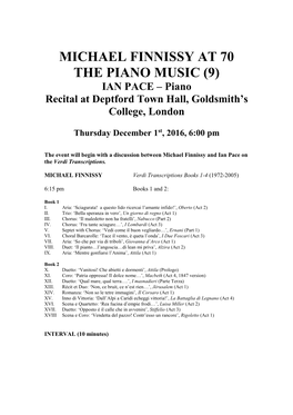 MICHAEL FINNISSY at 70 the PIANO MUSIC (9) IAN PACE – Piano Recital at Deptford Town Hall, Goldsmith’S College, London