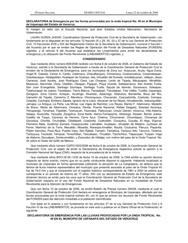 DIARIO OFICIAL Lunes 23 De Octubre De 2006 DECLARATORIA De Emergencia Por Las Lluvias Provocadas Por La Onda