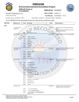 OREGON Environmental Laboratory Accreditation Program ORELAP Fields of Accreditation ORELAP ID: CA300001 Eurofins Calscience, Inc