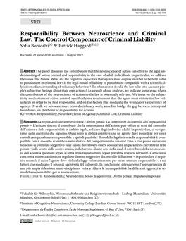 Responsibility Between Neuroscience and Criminal Law. the Control Component of Criminal Liability Sofia Bonicalzi(Α) & Patrick Haggard(Β),(Γ)