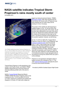 NASA Satellite Indicates Tropical Storm Prapiroon's Rains Mostly South of Center 16 October 2012
