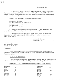 January 29, 1957 a Meeting of the Board of Regents of Morehead