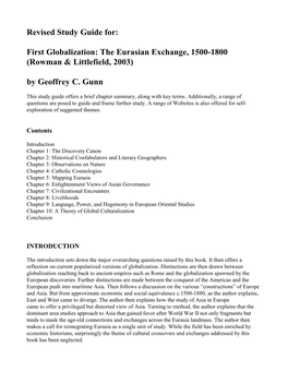 Revised Study Guide For: First Globalization: the Eurasian Exchange, 1500-1800 (Rowman & Littlefield, 2003) by Geoffrey C