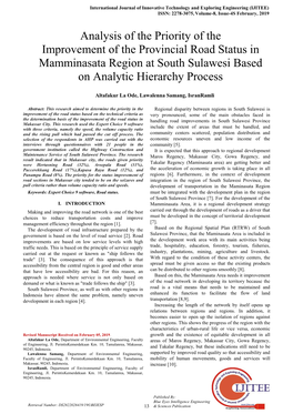 Analysis of the Priority of the Improvement of the Provincial Road Status in Mamminasata Region at South Sulawesi Based on Analytic Hierarchy Process