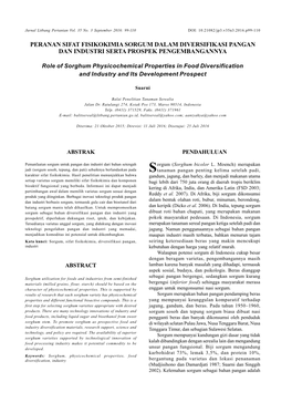 Peranan Sifat Fisikokimia Sorgum Dalam Diversifikasi Pangan Dan Industri Serta Prospek Pengembangannya