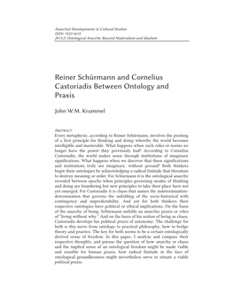 Reiner Schürmann and Cornelius Castoriadis Between Ontology and Praxis