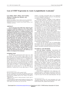 Loss of FHIT Expression in Acute Lymphoblastic Leukemia1