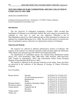 New Records of Rare Lepidoptera Species Collected in Lithuania in 1993–2008