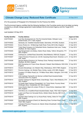 Climate Change Levy: Reduced Rate Certificate 20 Sep 2013