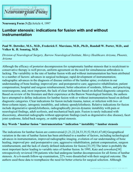 Lumbar Stenosis: Indications for Fusion with and Without Instrumentation