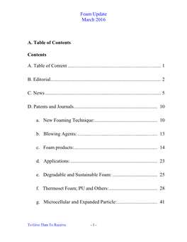 Foam Update March 2016 A. Table of Contents Contents A. Table of Content