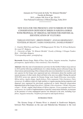 New Data for the Presence and Numbers of Some Conservation Dependent Birds in Kresna Gorge with Proposal of Original Method for Individual Identification of Vultures