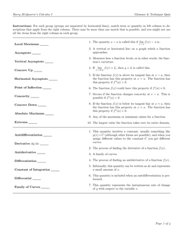 Barry Mcquarrie's Calculus I Glossary & Technique Quiz Instructions: For