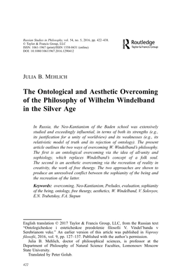 The Ontological and Aesthetic Overcoming of the Philosophy of Wilhelm Windelband in the Silver Age