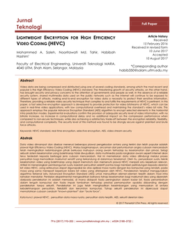 Lightweight Encryption for High Efficiency Video Coding (Hevc)