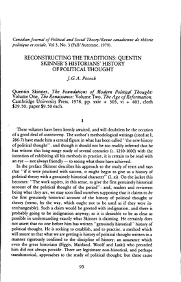 Quentin Skinner, the Foundations of Modern Political Thought: Volume One, the Renaissance; Volume Two, the Age Ofreformation, Cambridge University Press, 1978, Pp