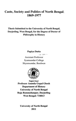 Caste, Society and Politics of North Bengal, 1869-1977