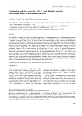 Contrasting Leaf Characteristics of Trees and Lianas in Secondary and Mature Forests in Southwestern China