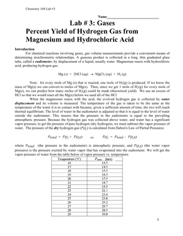 Lab # 3: Gases Percent Yield of Hydrogen Gas from Magnesium and Hydrochloric Acid