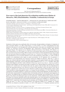 First Report of the Land Planarian Diversibipalium Multilineatum (Makino & Shirasawa, 1983) (Platyhelminthes, Tricladida, Continenticola) in Europe