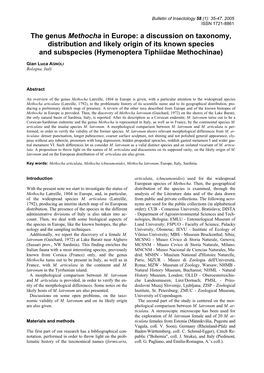 The Genus Methocha in Europe: a Discussion on Taxonomy, Distribution and Likely Origin of Its Known Species and Subspecies (Hymenoptera Tiphiidae Methochinae)