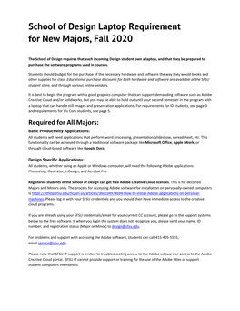 School of Design Laptop Requirement for New Majors, Fall 2020