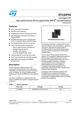 Loongson 2F High Performance 64-Bit Superscalar MIPS® Microprocessor