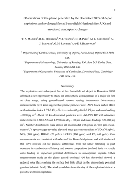 Observations of the Plume Generated by the December 2005 Oil Depot Explosions and Prolonged Fire at Buncefield (Hertfordshire, UK) and Associated Atmospheric Changes