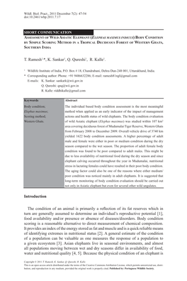 Assessment of Wild Asiatic Elephant (Elephas Maximus Indicus) Body