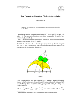 Two Pairs of Archimedean Circles in the Arbelos