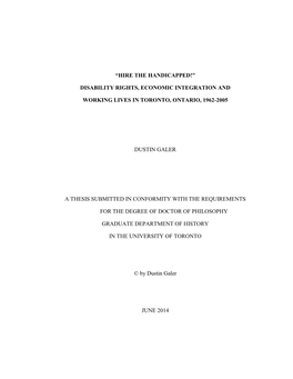 “Hire the Handicapped!” Disability Rights, Economic Integration and Working Lives in Toronto, Ontario, 1962-2005