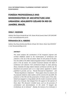 Foreign Professionals and the Modernization of Architecture and Urbanism: Adalberto Szilard in Rio De Janeiro, Brazil