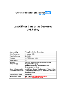 Last Offices Care of the Deceased UHL Policy