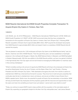 MGM Resorts International and MGM Growth Properties Complete Transaction to Acquire Empire City Casino in Yonkers, New York