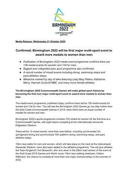 Confirmed: Birmingham 2022 Will Be First Major Multi-Sport Event to Award More Medals to Women Than Men