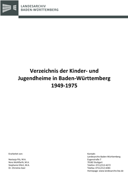 Verzeichnis Der Kinder- Und Jugendheime in Baden-Württemberg 1949-1975
