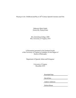 Playing at Life: Childhood and Play in 20Th-Century Spanish Literature and Film