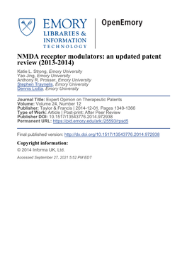 NMDA Receptor Modulators: an Updated Patent Review (2013-2014) Katie L