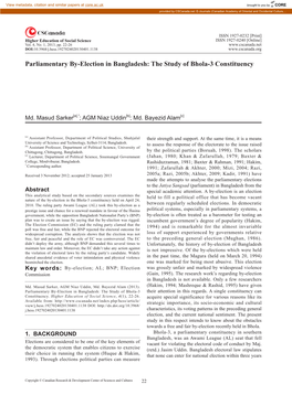 Parliamentary By-Election in Bangladesh: the Study of Bhola-3 Constituency