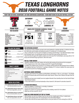 Texas Longhorns 2016 Football Game Notes