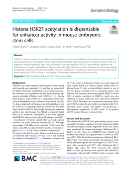 Histone H3K27 Acetylation Is Dispensable for Enhancer Activity In