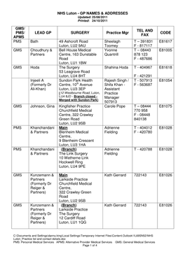 NHS Luton - GP NAMES & ADDRESSES Updated : 25/08/2011 Printed : 24/10/2011
