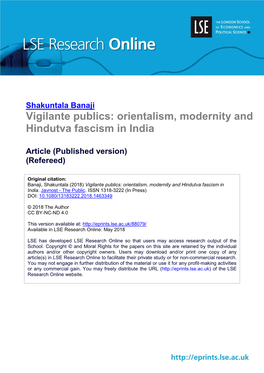 Vigilante Publics: Orientalism, Modernity and Hindutva Fascism in India