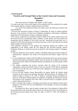 “Security and Foreign Policy in the Central Asian and Caucasian Republics” Abstract This Work Consists of 8 Chapters and Contains in Total 53 Pages