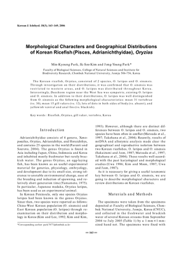 Morphological Characters and Geographical Distributions of Korean Ricefish (Pisces, Adrianichthyidae), Oryzias