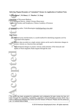 Inferring Magma Dynamics at Veniaminof Volcano Via Application of Ambient Noise