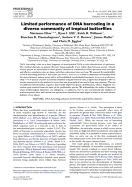 Limited Performance of DNA Barcoding in a Diverse Community of Tropical Butterﬂies Marianne Elias1,6,*, Ryan I