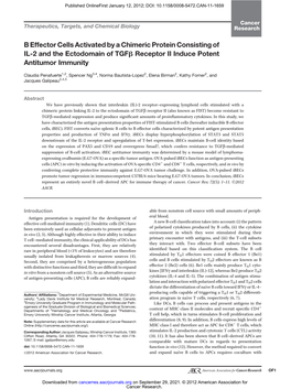 B Effector Cells Activated by a Chimeric Protein Consisting of IL-2 and the Ectodomain of Tgfb Receptor II Induce Potent Antitumor Immunity