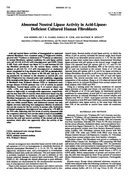 Abnormal Neutral Lipase Activity in Acid-Lipase- Deficient Cultured Human Fibroblasts